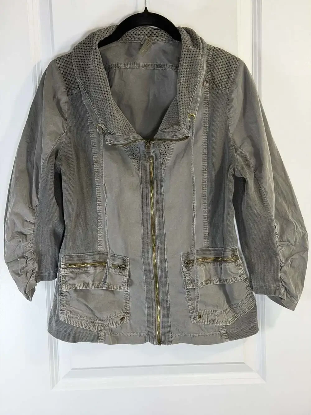 XCVI Fjord Grey Mixed Media Utility Jacket with Mesh Cowl Neck